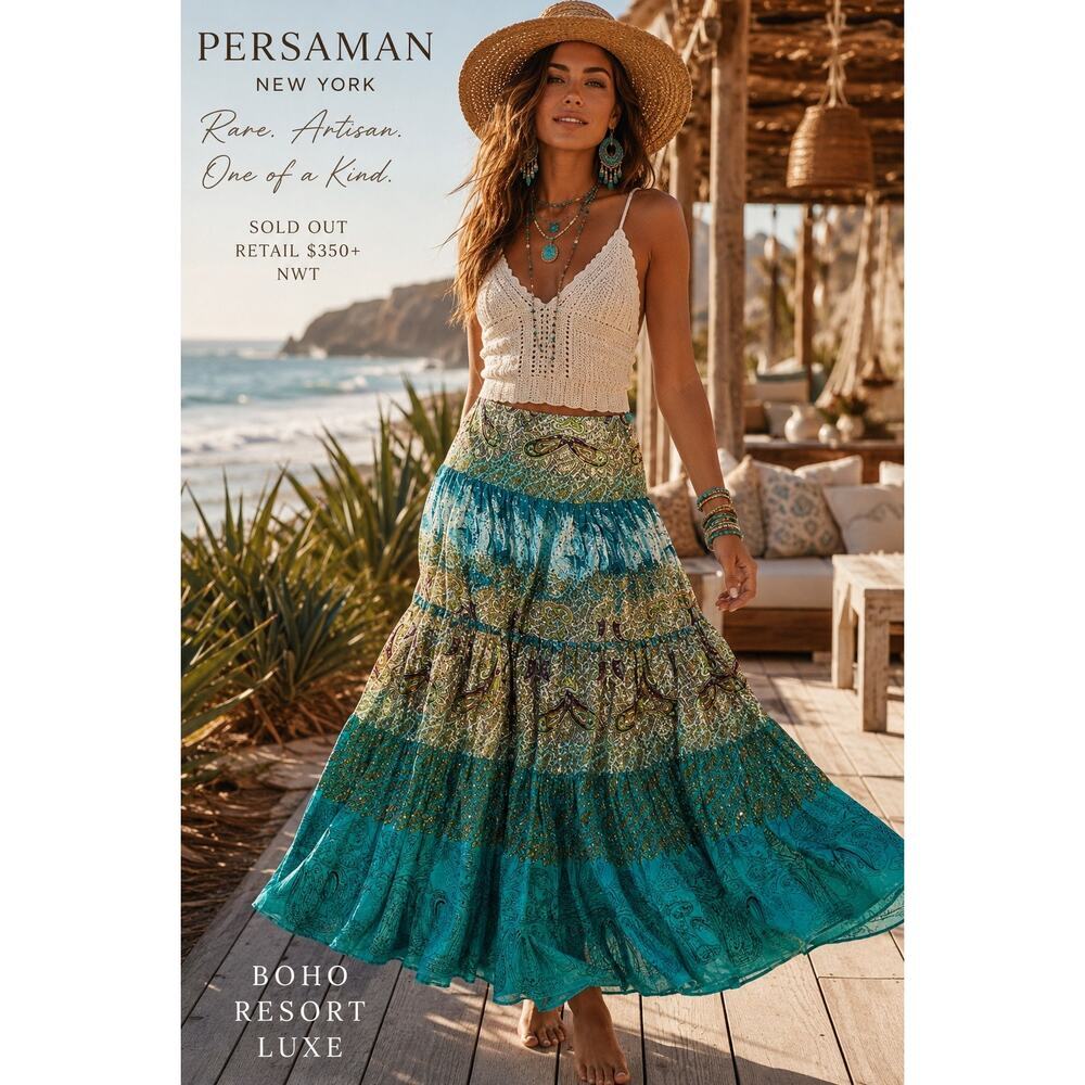 Rare NWT Persaman New York Beaded Paisley Tiered Maxi Skirt Turquoise Artisan 12